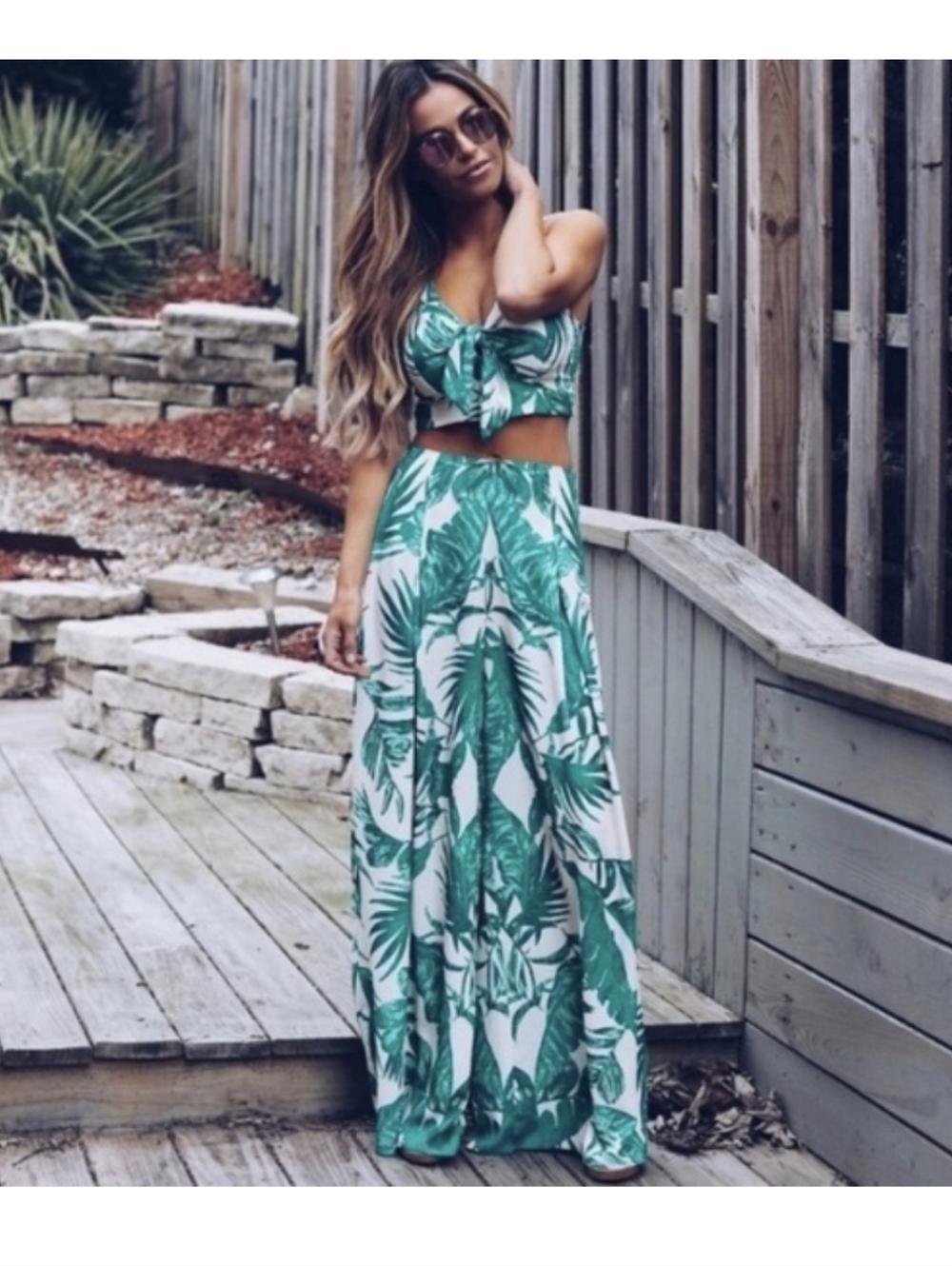 Flying Tomato ,Teal and White Palm Tie-Front Set, Crop Top And Wide Leg Pants, S
